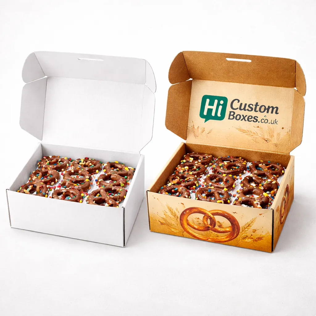 Two square two-piece rigid boxes, one plain white and one featuring a teal wave medicinal design. class=